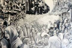 Gemälde Yarmuk aus der Serie Reise ins Ungewisse, 130 x 130 cm, Mischtechnik auf Leinwand, 2015, Teresidi Katerina