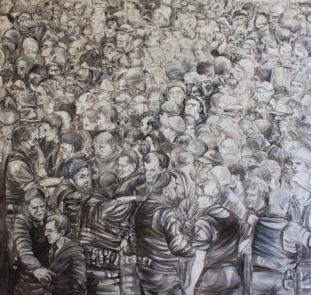 Gemälde Ankunft in Europa - Reise ins Ungewisse - 130 x 130 cm, Öl auf Leinwand, 2015, Teresidi Katerina